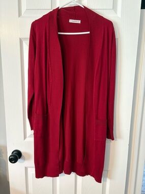 Perfection Red Open-Front Long Cardigan with Pockets